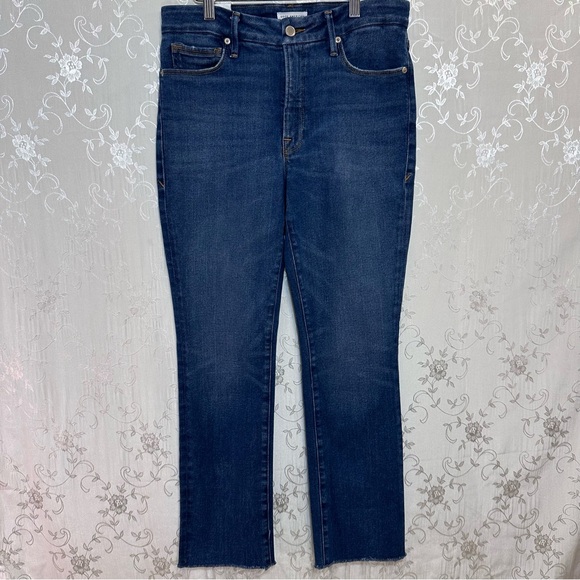 Good American Raw Hem Straight Leg Blue Jeans Size 4/27 NWT - Picture 3 of 9